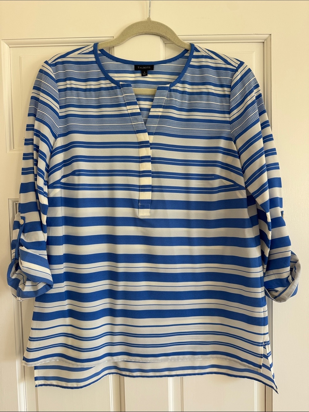 Talbots Blue and White Striped Roll-Tab Tunic Top
